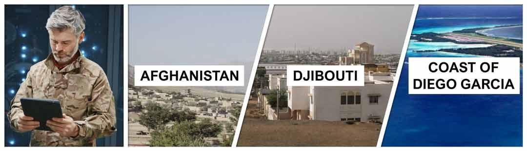 Military engineer working on tablet with locations Afghanistan Djibouti and Diego Garcia